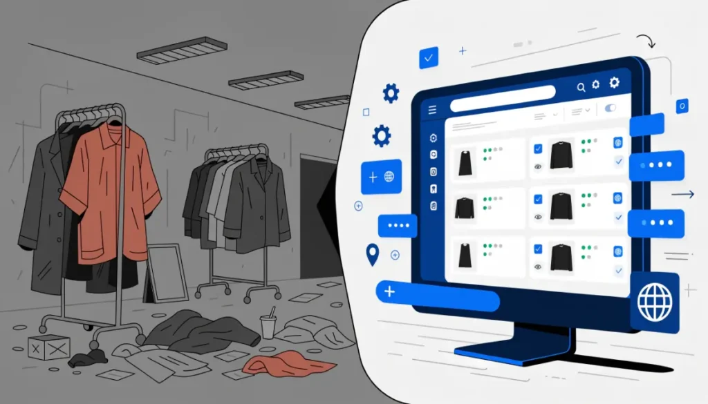 Comparison illustration of traditional fashion liquidation channels versus modern B2B digital surplus marketplace platforms