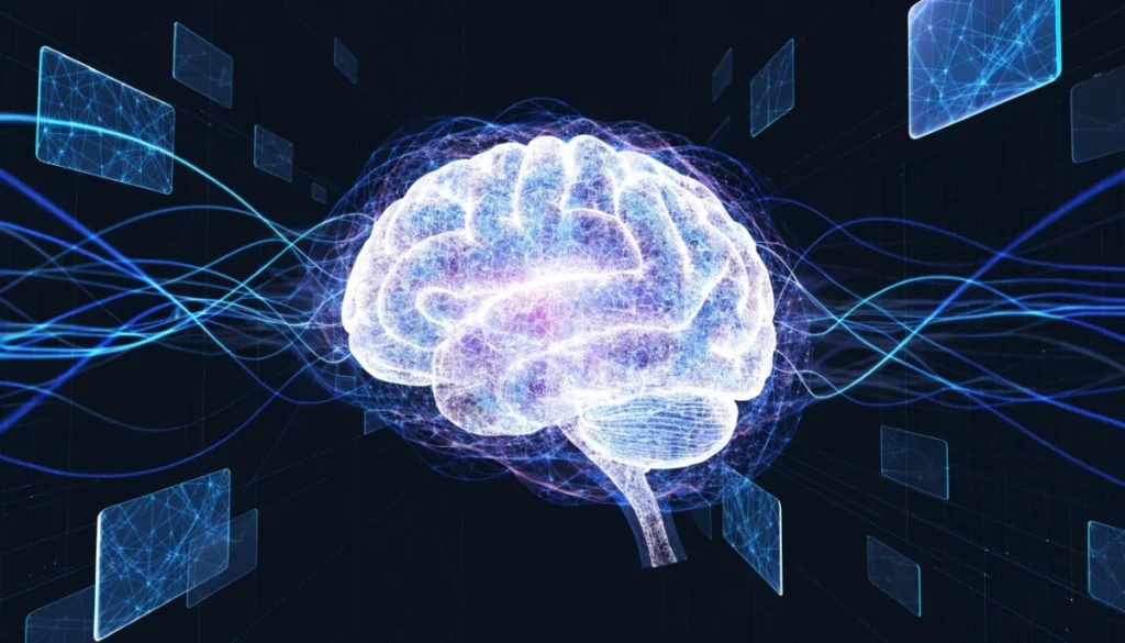 LM SEO and AI search visibility concept showing digital brain connected to search results
