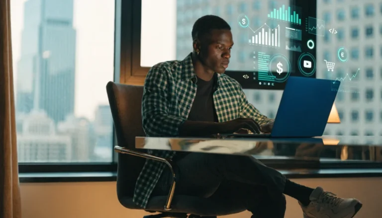 Person working on laptop with digital business icons floating around in a modern home office 2026