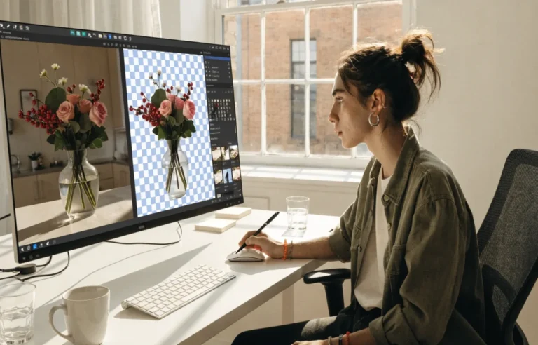 Creator using AI tools to remove background from product photo on a modern laptop in bright workspace