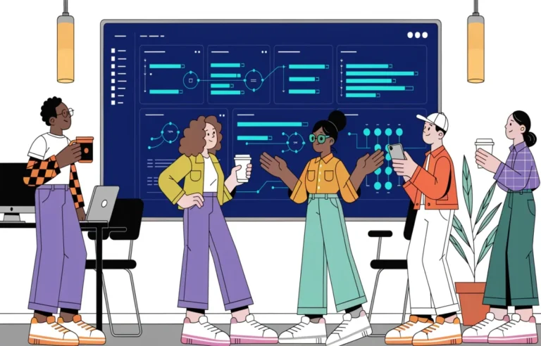 Team collaborating on digital product development strategy around a modern workspace