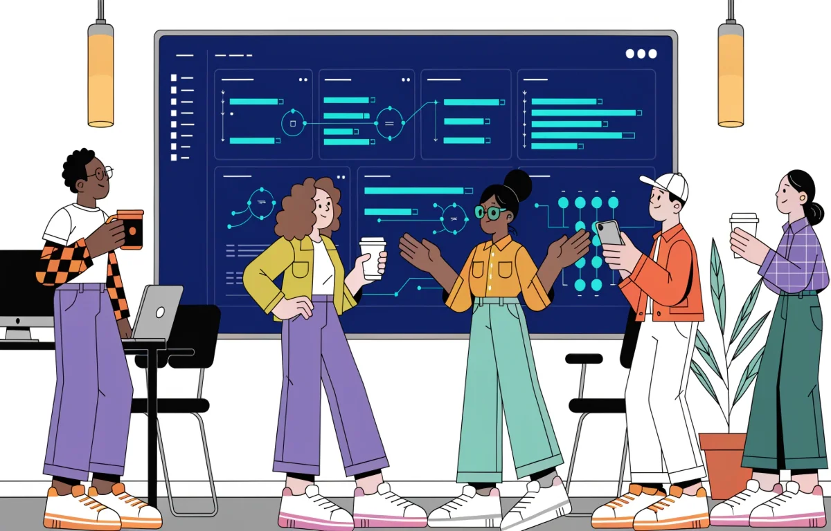 Team collaborating on digital product development strategy around a modern workspace