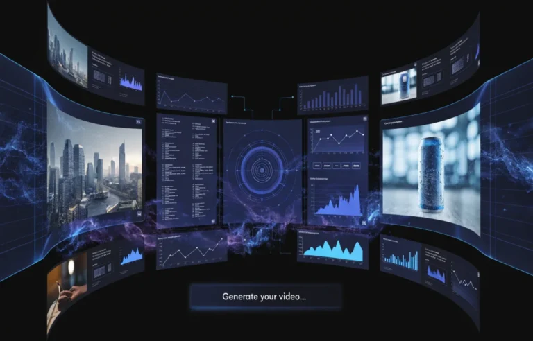 AI video generator interface showing cinematic video creation with text prompt on futuristic dashboard