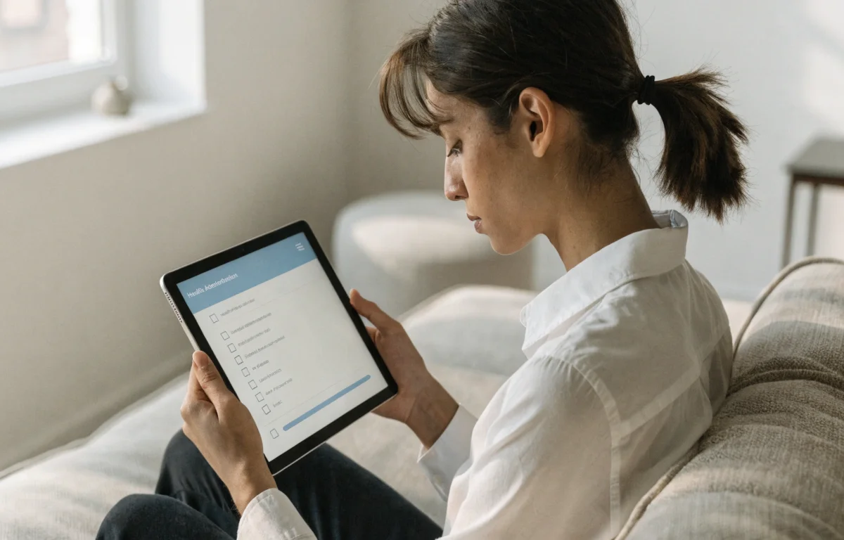 Patient completing digital health care admin on a tablet with no paperwork in sight